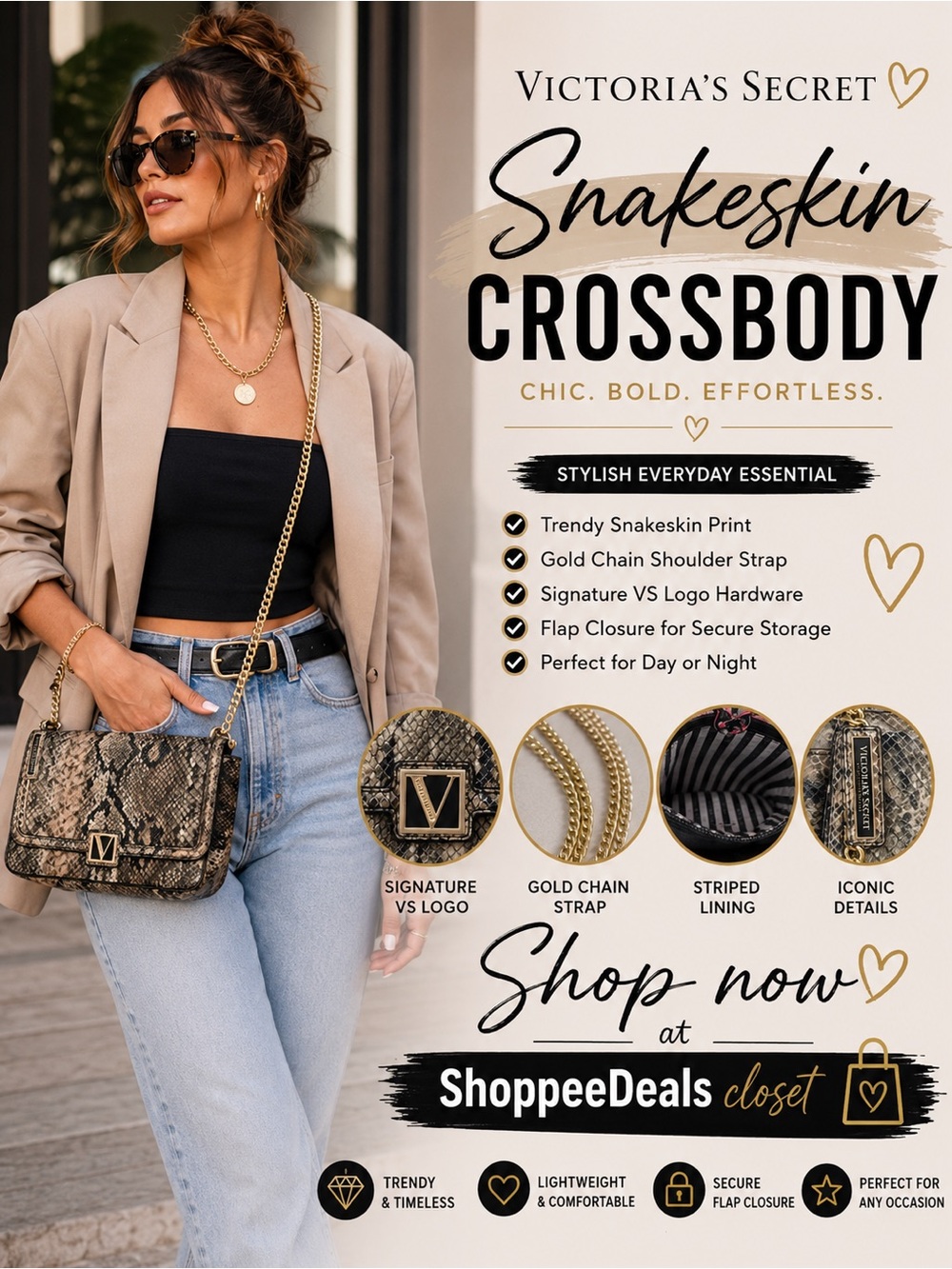 Victoria’s Secret Snakeskin Print Crossbody Shoulder Bag Gold Chain Strap